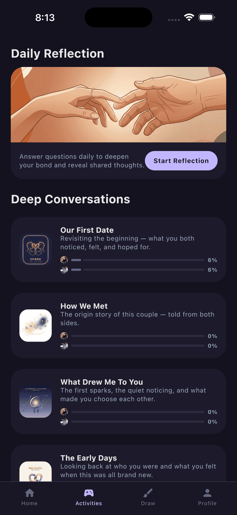 The HeartTap Activities tab showing the daily reflection and deep conversation question decks with each partner’s progress