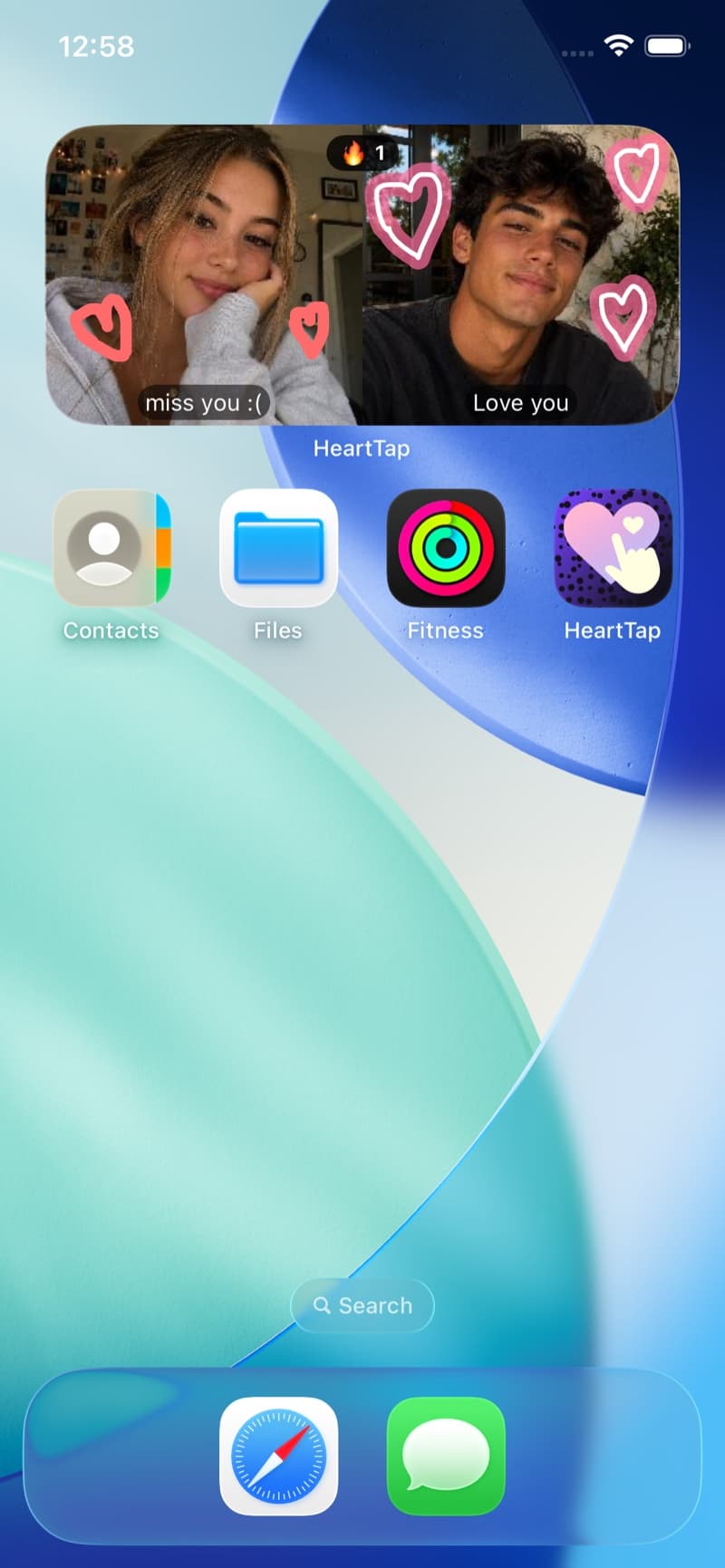 A medium HeartTap widget on an iPhone home screen showing both partners’ statuses side by side, with a streak flame counter