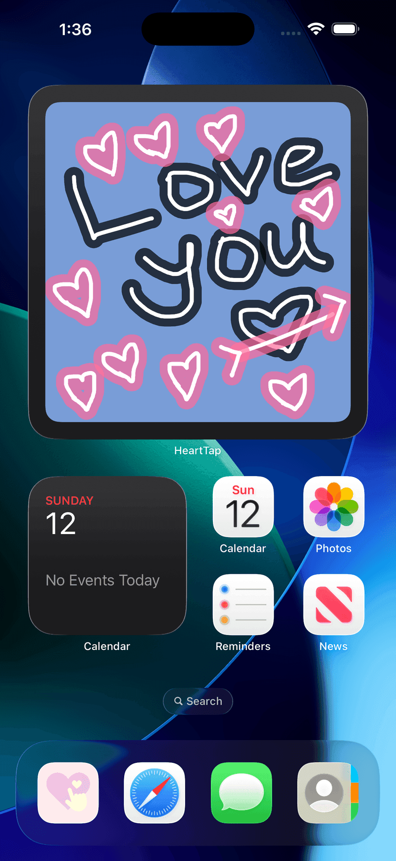 A large HeartTap drawing widget on an iPhone home screen showing a hand-drawn love you note surrounded by hearts