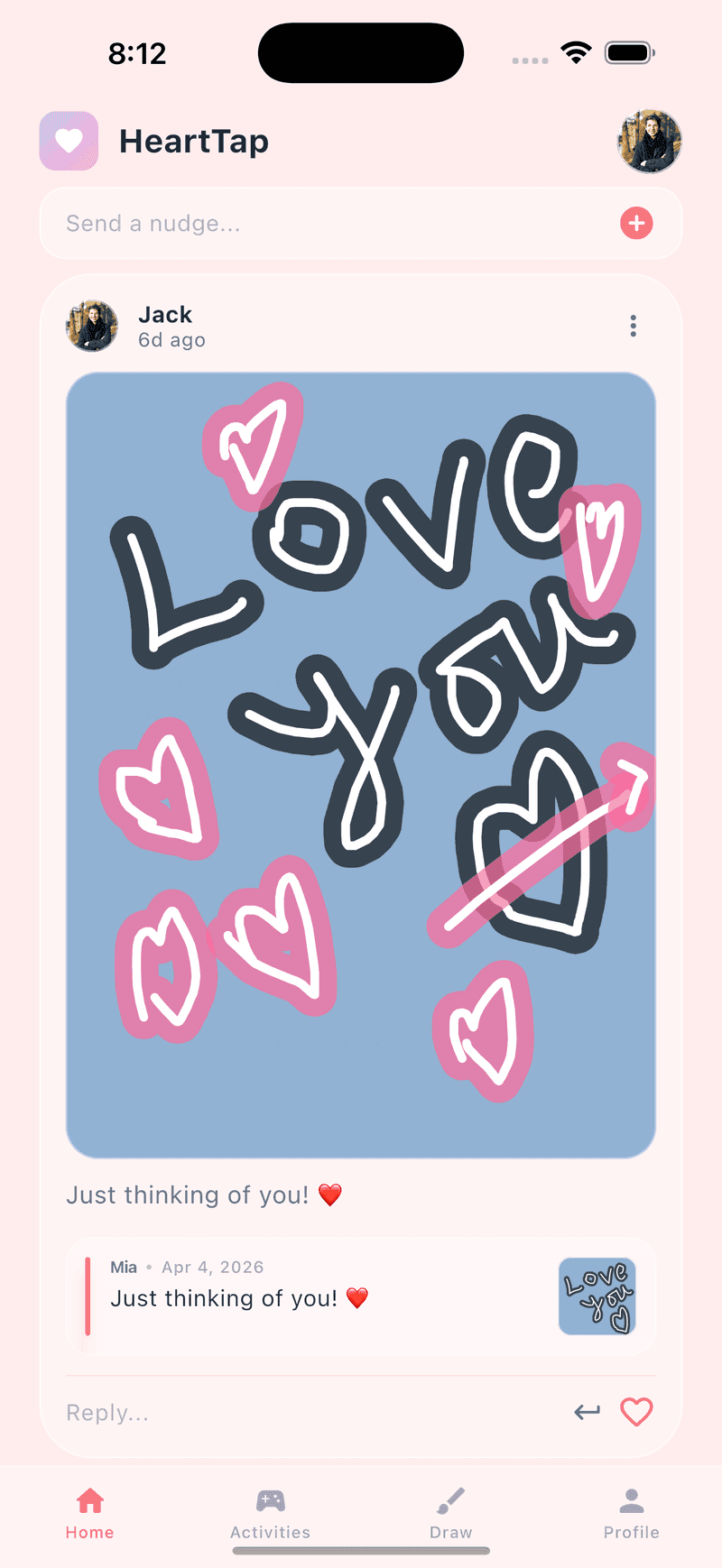 A hand-drawn love you note in the HeartTap timeline with the caption just thinking of you and a reply underneath