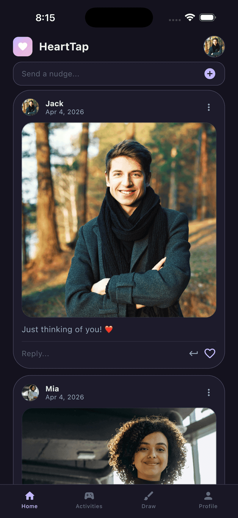 The HeartTap shared timeline showing photo posts from both partners with replies